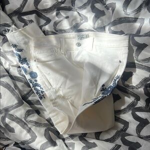 Women's White Jeans with Blue Floral Embroidery